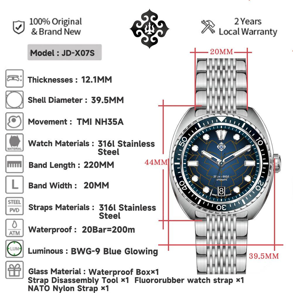 IXDAO IPOSE JD-X07S 2025 New Men's Automatic Mechanical Watch Dragon Scale Pattern Diving Watch 20Bar Stainless Steel BWG-9 reloj hombre