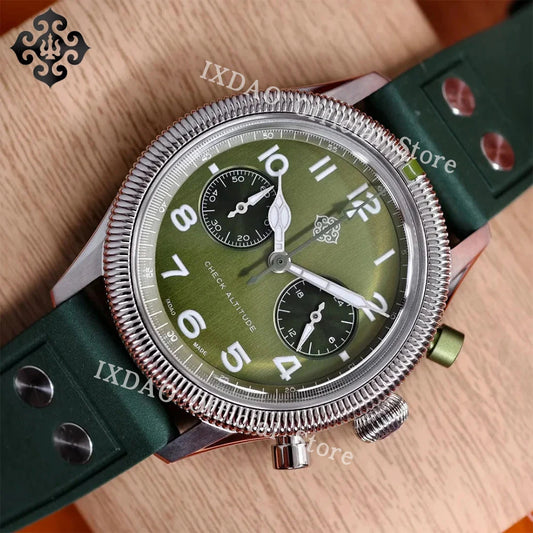 2026 New JD-X10S IXDAO 39mm Pilot Men Quartz Watches Peregrine Falcon Series VK64 Sapphire Stainless Steel Sports Chronograph 10Bar C3（Green）